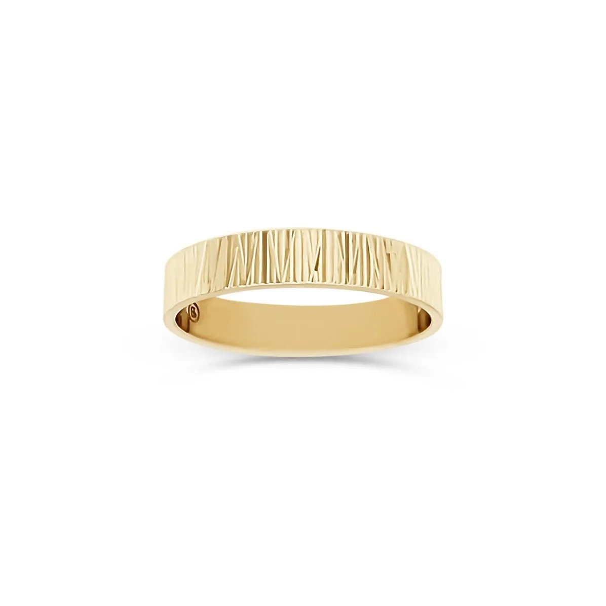 9ct Yellow Gold 4mm Wide Faceted Wedding Ring with Diamond Cut Bark Cross Finish