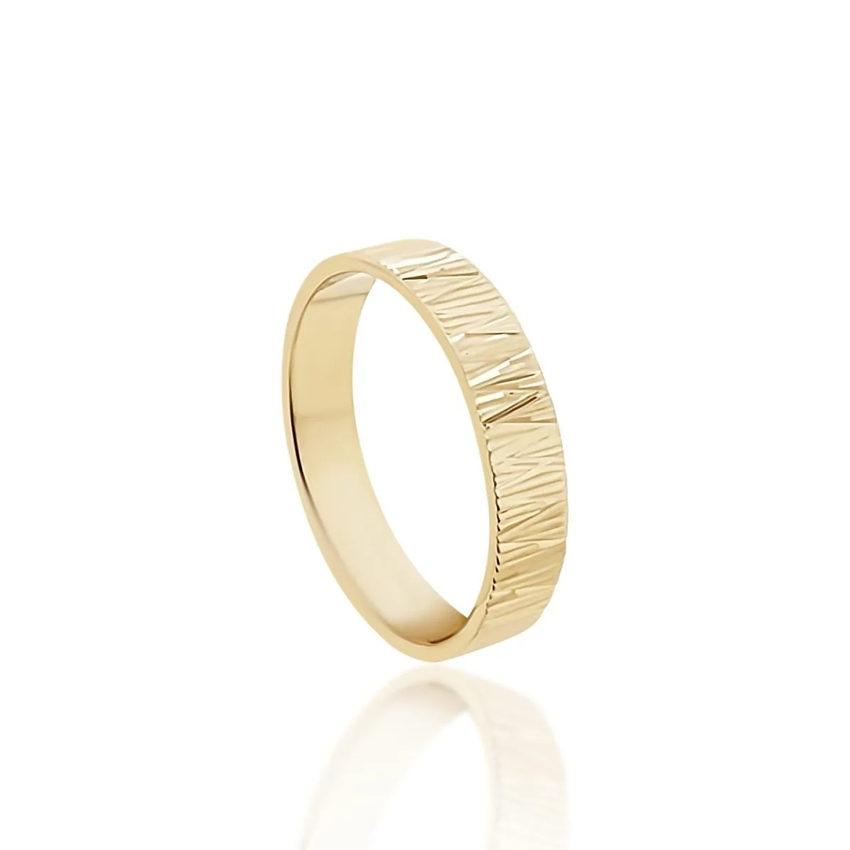 9ct Yellow Gold 4mm Wide Faceted Wedding Ring with Diamond Cut Bark Cross Finish