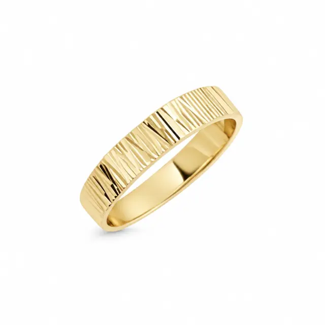 9ct Yellow Gold 4mm Wide Faceted Wedding Ring with Diamond Cut Bark Cross Finish