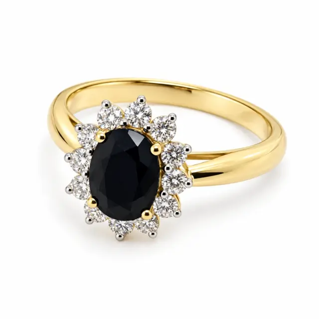 9ct Yellow Gold 6 x 8 Oval Black Sapphire with 0.54ct LAB Diamond Halo Setting - D/A469BSLGD