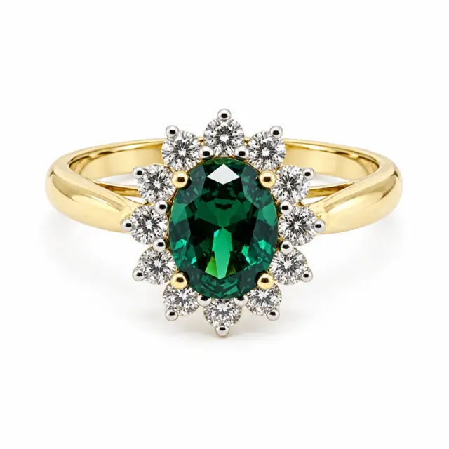 9ct Yellow Gold 6 x 8 Oval Created Emerald with 0.54ct LAB Diamond Halo Setting - D/A469CELGD