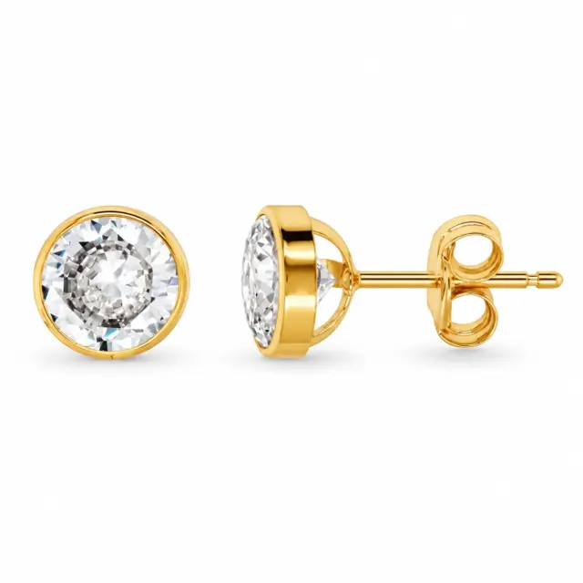 9ct Yellow Gold 6mm Round Bezel Set Cubic Zirconia Stud Earrings - IE1046