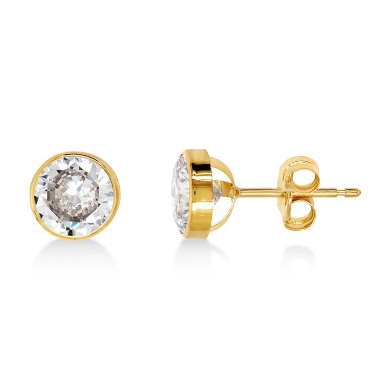 9ct Yellow Gold 6mm Round Bezel Set Cubic Zirconia Stud Earrings - IE1046