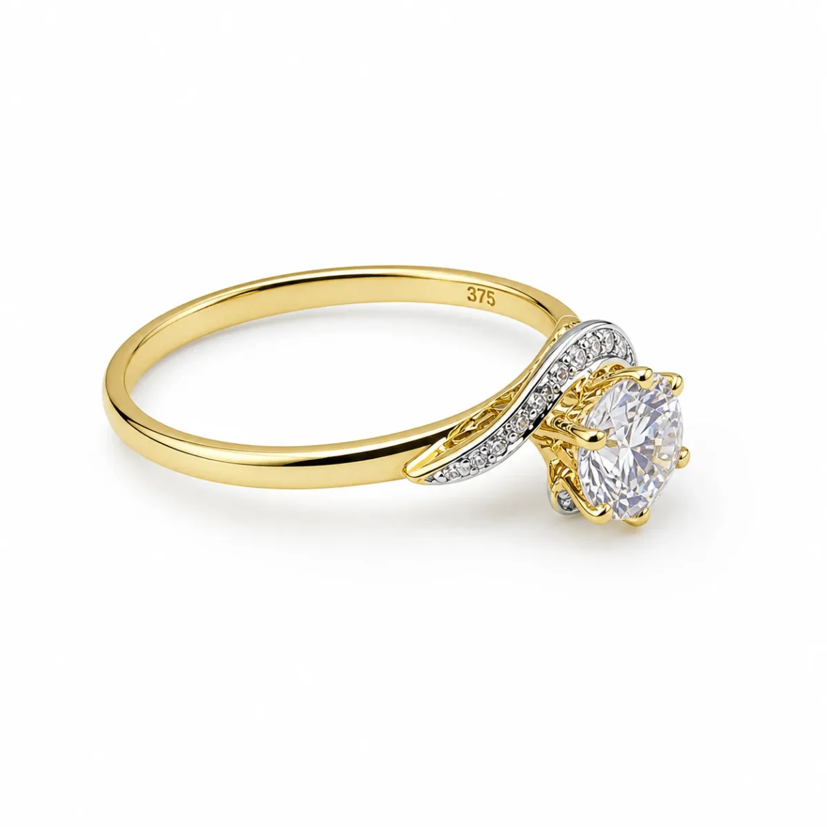 9ct Yellow Gold 6mm Round Cut Cubic Zirconia Engagement Ring – 6 Claw Set with Diamond-Look Swirl Design - CYR2620