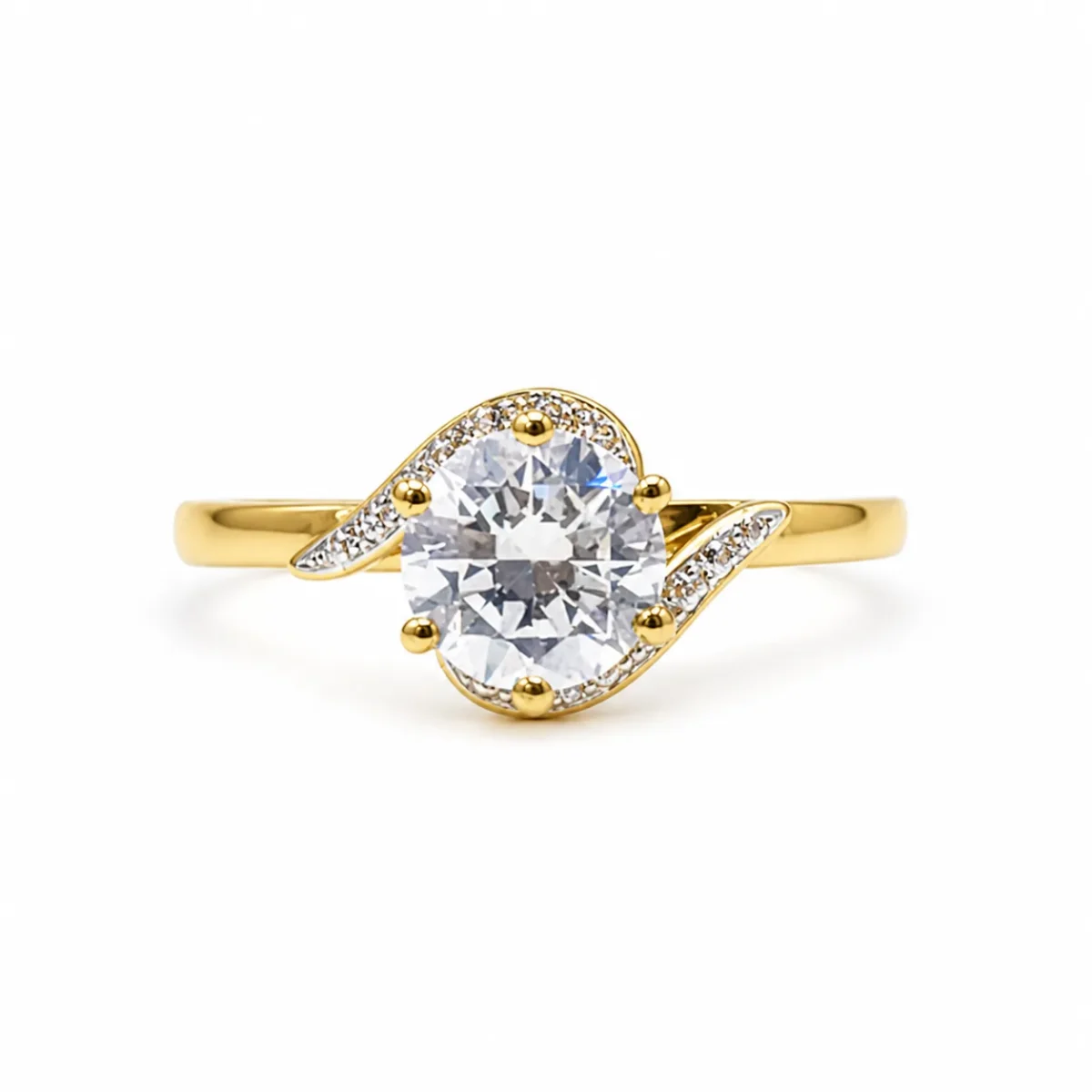 9ct Yellow Gold 6mm Round Cut Cubic Zirconia Engagement Ring – 6 Claw Set with Diamond-Look Swirl Design - CYR2620