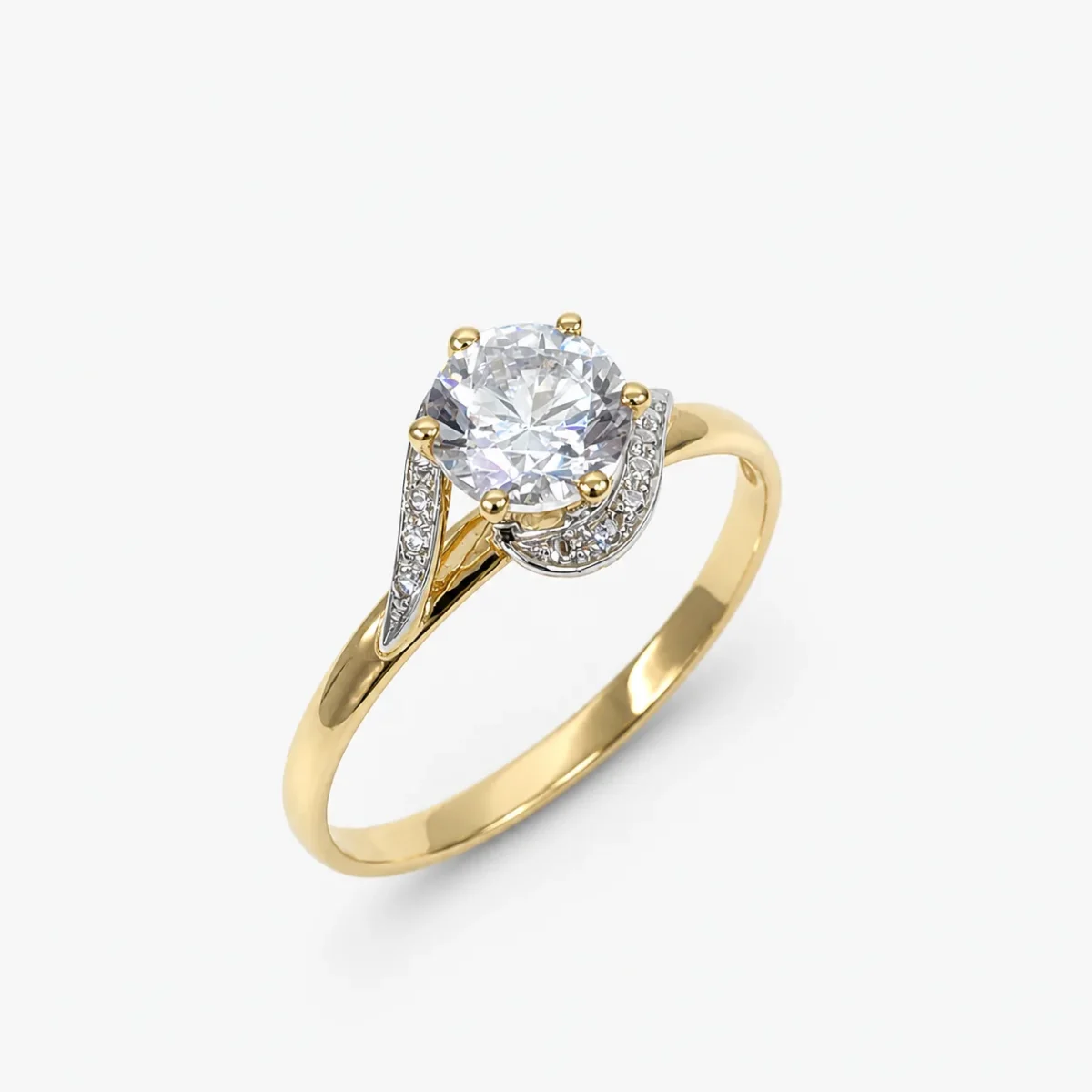 9ct Yellow Gold 6mm Round Cut Cubic Zirconia Engagement Ring – 6 Claw Set with Diamond-Look Swirl Design - CYR2620