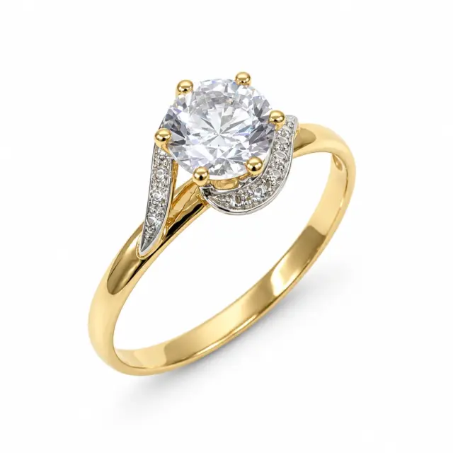 9ct Yellow Gold 6mm Round Cut Cubic Zirconia Engagement Ring – 6 Claw Set with Diamond-Look Swirl Design - CYR2620