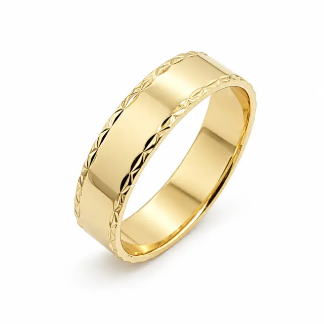 9ct Yellow Gold 6mm Wide Diamond Cut Edge High Polished Men's Wedding Band