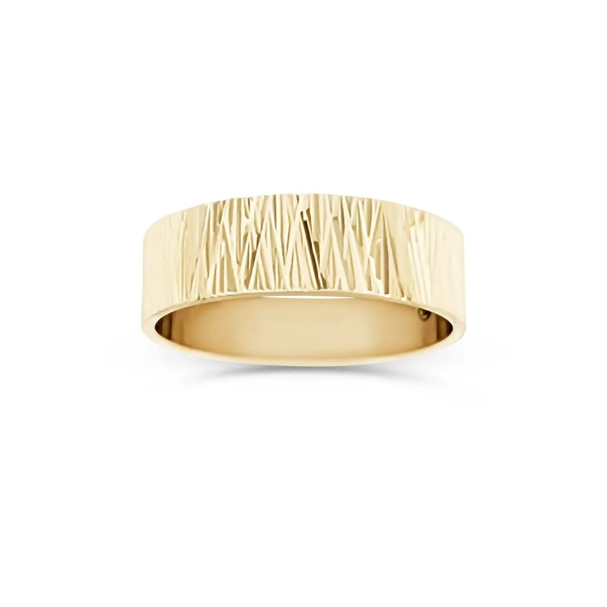 9ct Yellow Gold 6mm Wide Faceted Wedding Ring with Diamond Cut Bark Cross Finish