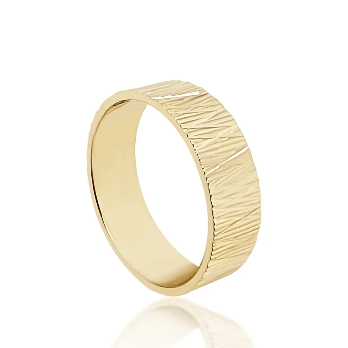 9ct Yellow Gold 6mm Wide Faceted Wedding Ring with Diamond Cut Bark Cross Finish