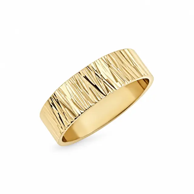 9ct Yellow Gold 6mm Wide Faceted Wedding Ring with Diamond Cut Bark Cross Finish