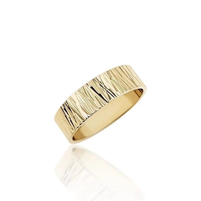 9ct Yellow Gold 6mm Wide Faceted Wedding Ring with Diamond Cut Bark Cross Finish