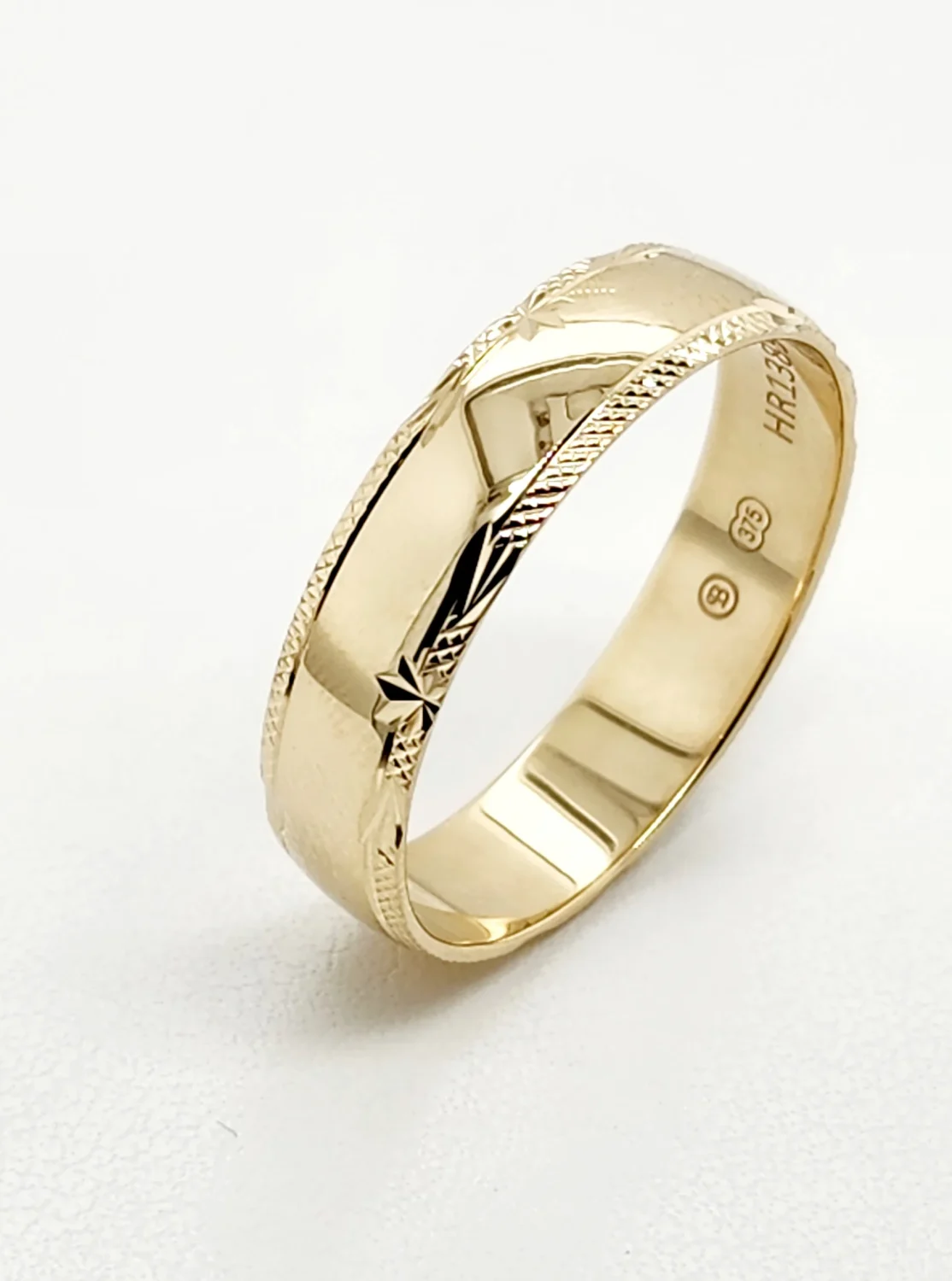 9ct Yellow Gold 6mm Wide Half Round Diamond Cut Edge High Polished Men's Wedding Band SKU-HR1389 6MM