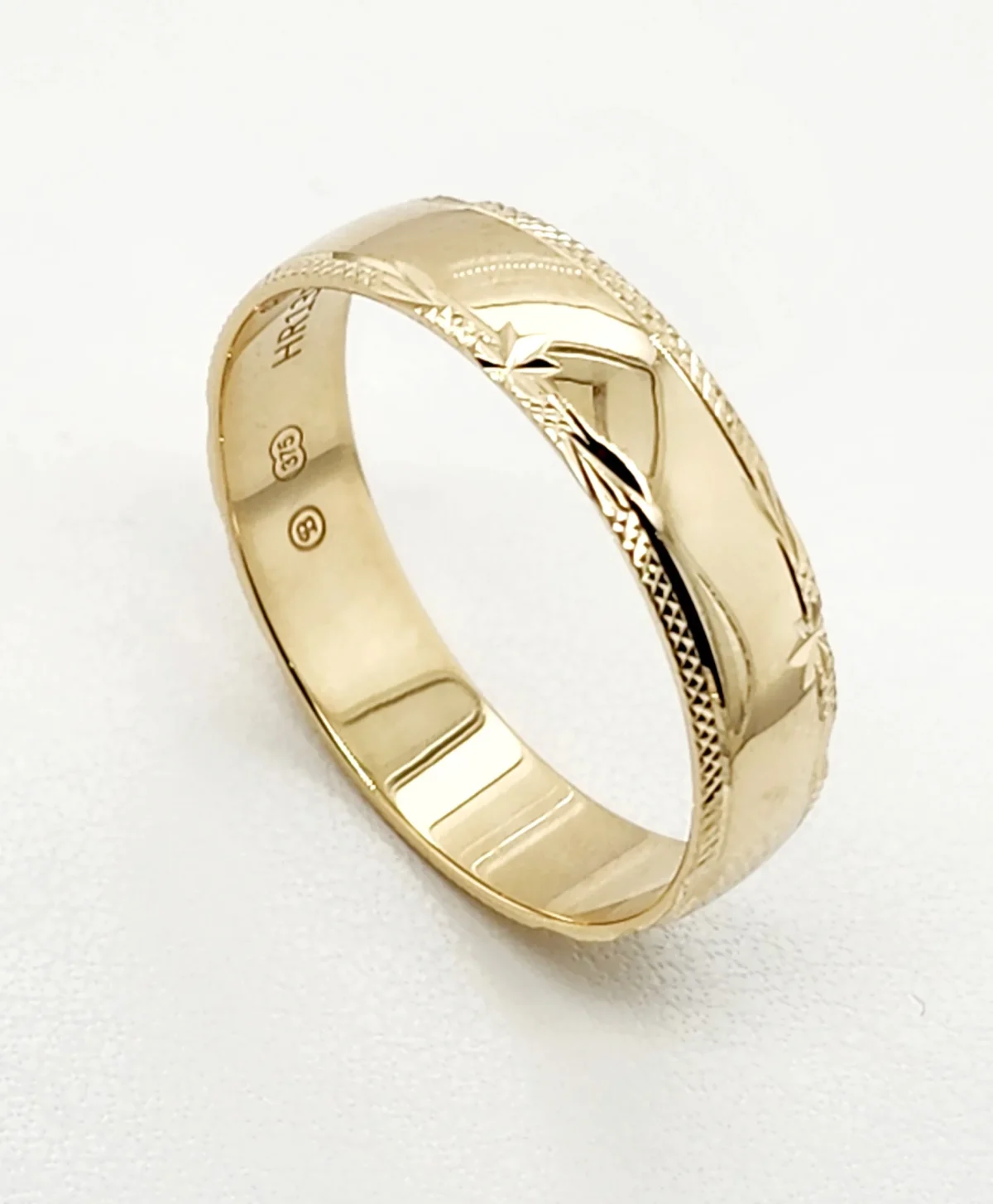 9ct Yellow Gold 6mm Wide Half Round Diamond Cut Edge High Polished Men's Wedding Band SKU-HR1389 6MM