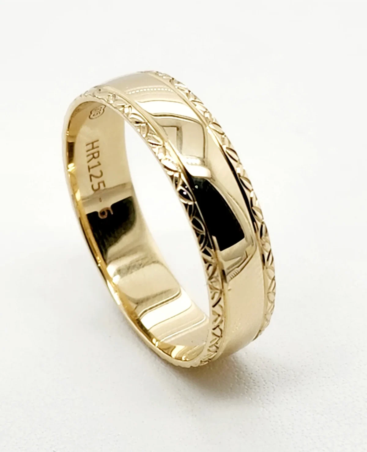 9ct Yellow Gold 6mm Wide Half Round Diamond Cut Edge High Polished Men's Wedding Band SKU-HR125 6MM