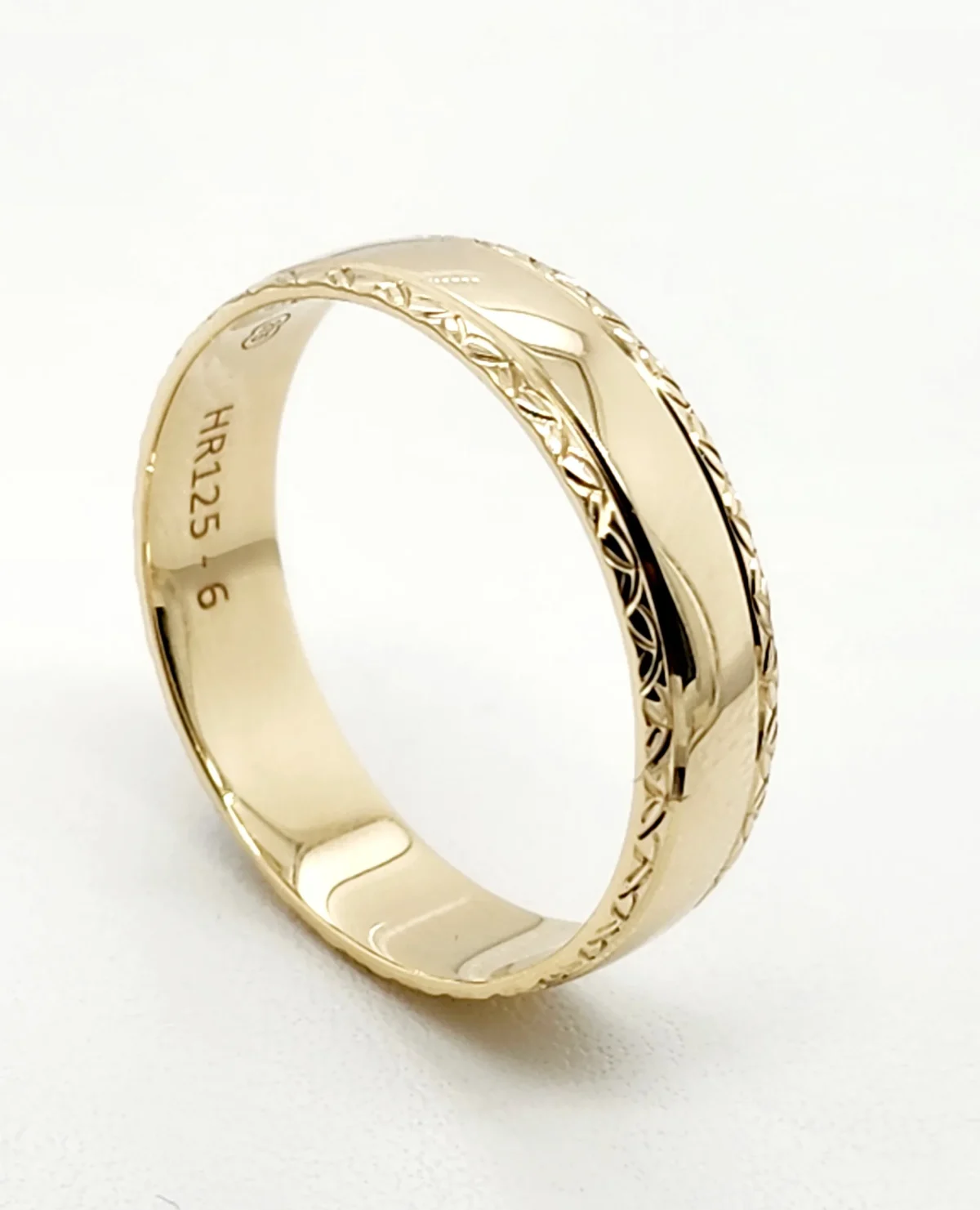 9ct Yellow Gold 6mm Wide Half Round Diamond Cut Edge High Polished Men's Wedding Band SKU-HR125 6MM