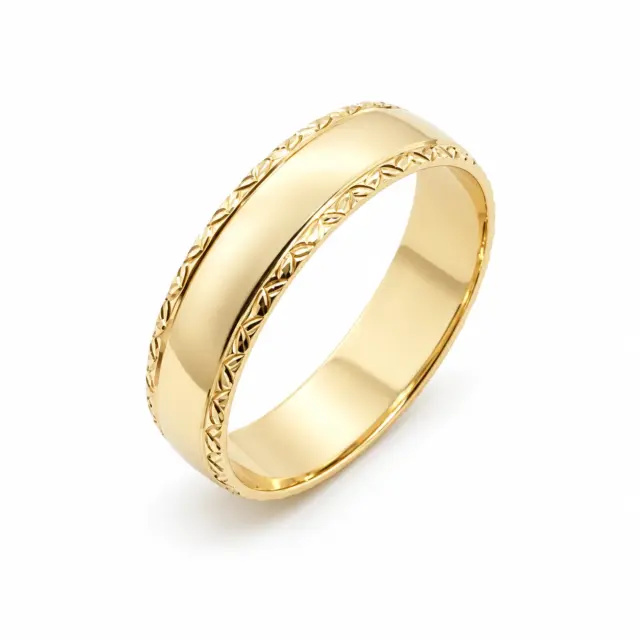 9ct Yellow Gold 6mm Wide Half Round Diamond Cut Edge High Polished Men's Wedding Band SKU-HR125 6MM