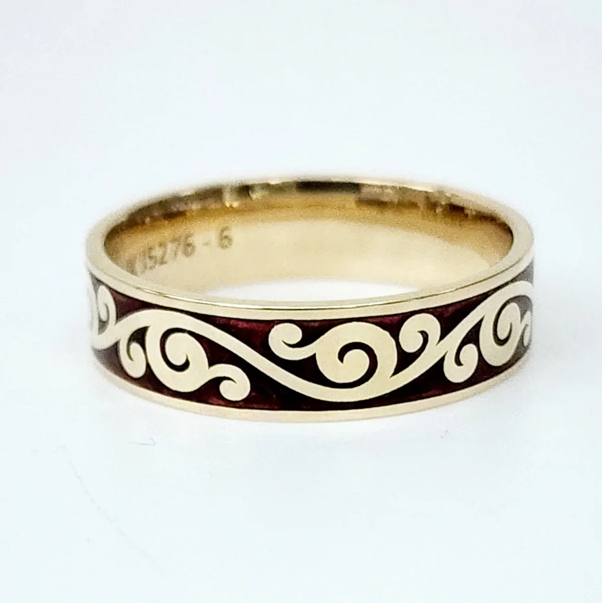 9ct Yellow Gold 6mm Wide Koru Patterned with Red Spectrum Infill Wedding / Dress Ring