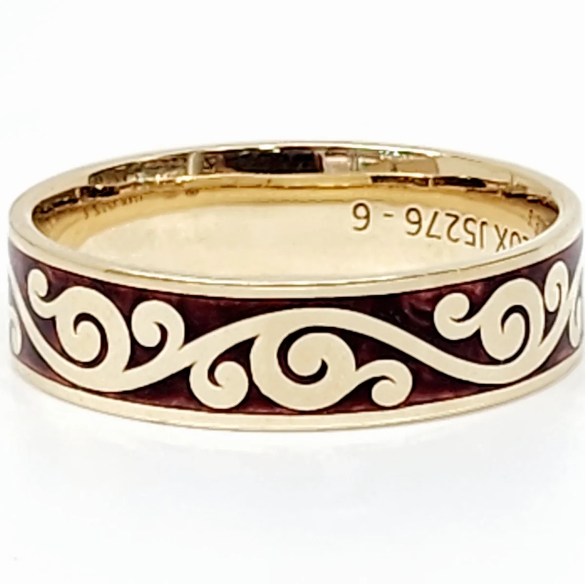 9ct Yellow Gold 6mm Wide Koru Patterned with Red Spectrum Infill Wedding / Dress Ring