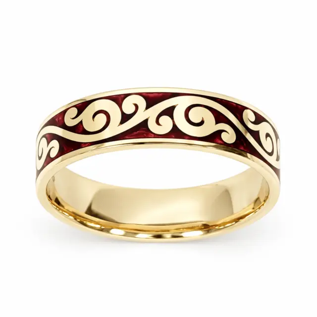 9ct Yellow Gold 6mm Wide Koru Patterned with Red Spectrum Infill Wedding / Dress Ring