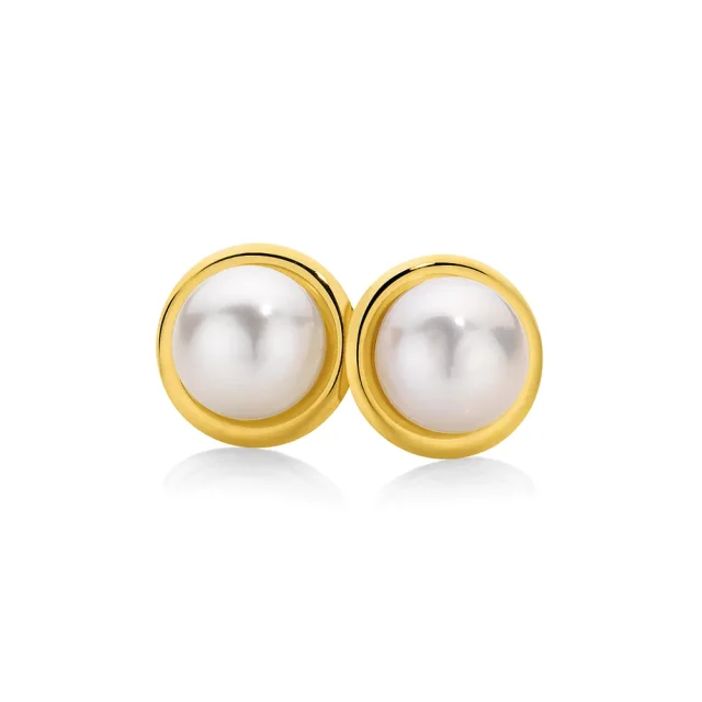 9ct Yellow Gold 7mm Round Cultured Freshwater Pearl Stud Earrings