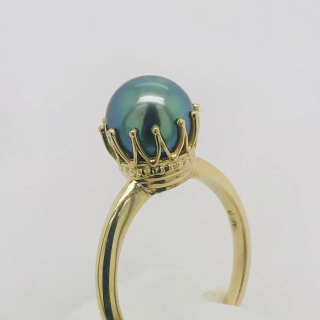 9ct Yellow Gold 8.5-9.0mm Tahitian Black Pearl Ring Crown Setting