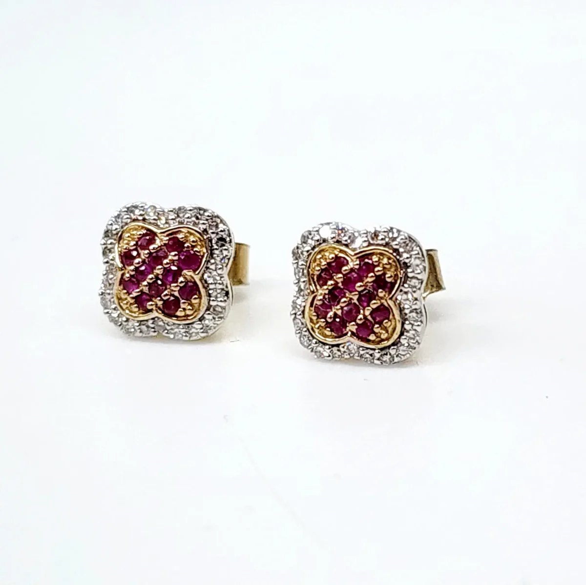9ct Yellow Gold 8mm Square Cluster Ruby & Diamond Stud Earrings