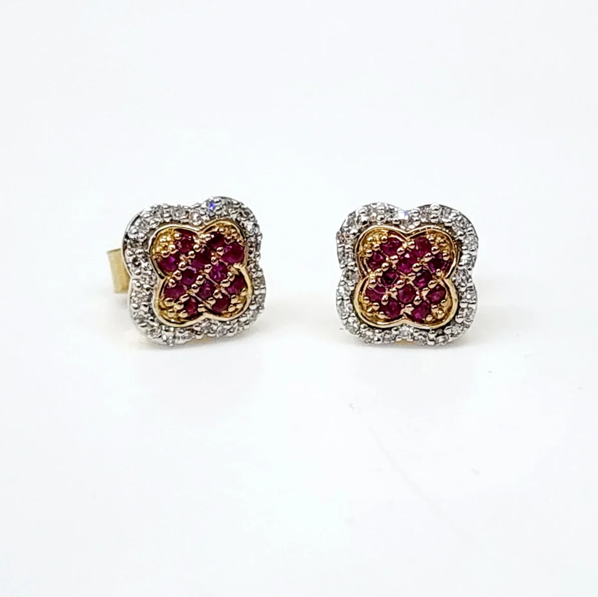 9ct Yellow Gold 8mm Square Cluster Ruby & Diamond Stud Earrings