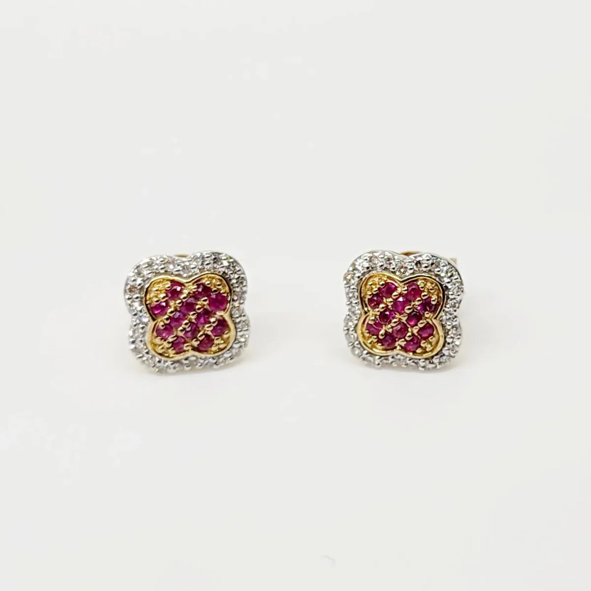 9ct Yellow Gold 8mm Square Cluster Ruby & Diamond Stud Earrings