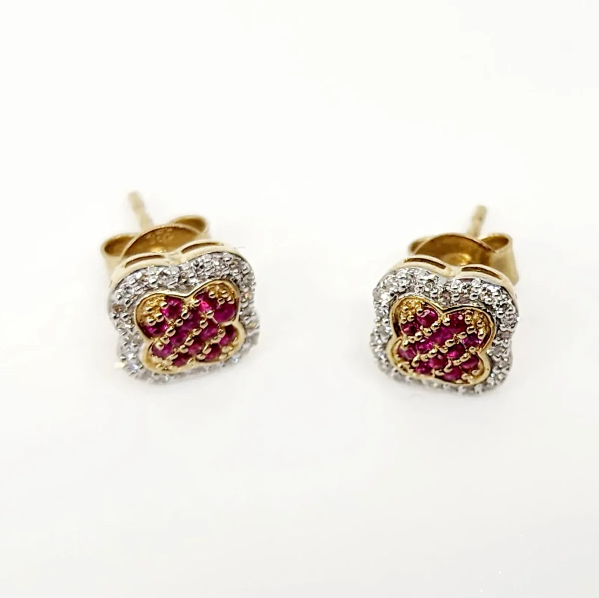 9ct Yellow Gold 8mm Square Cluster Ruby & Diamond Stud Earrings
