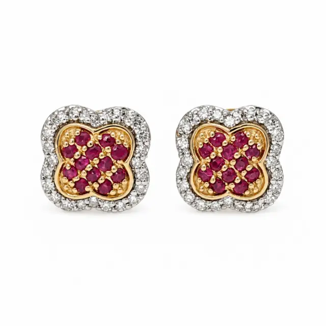9ct Yellow Gold 8mm Square Cluster Ruby & Diamond Stud Earrings