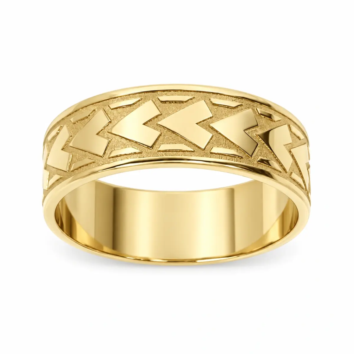 9ct Yellow Gold 8mm Wide Diamond Spear Patterned Wedding Ring
