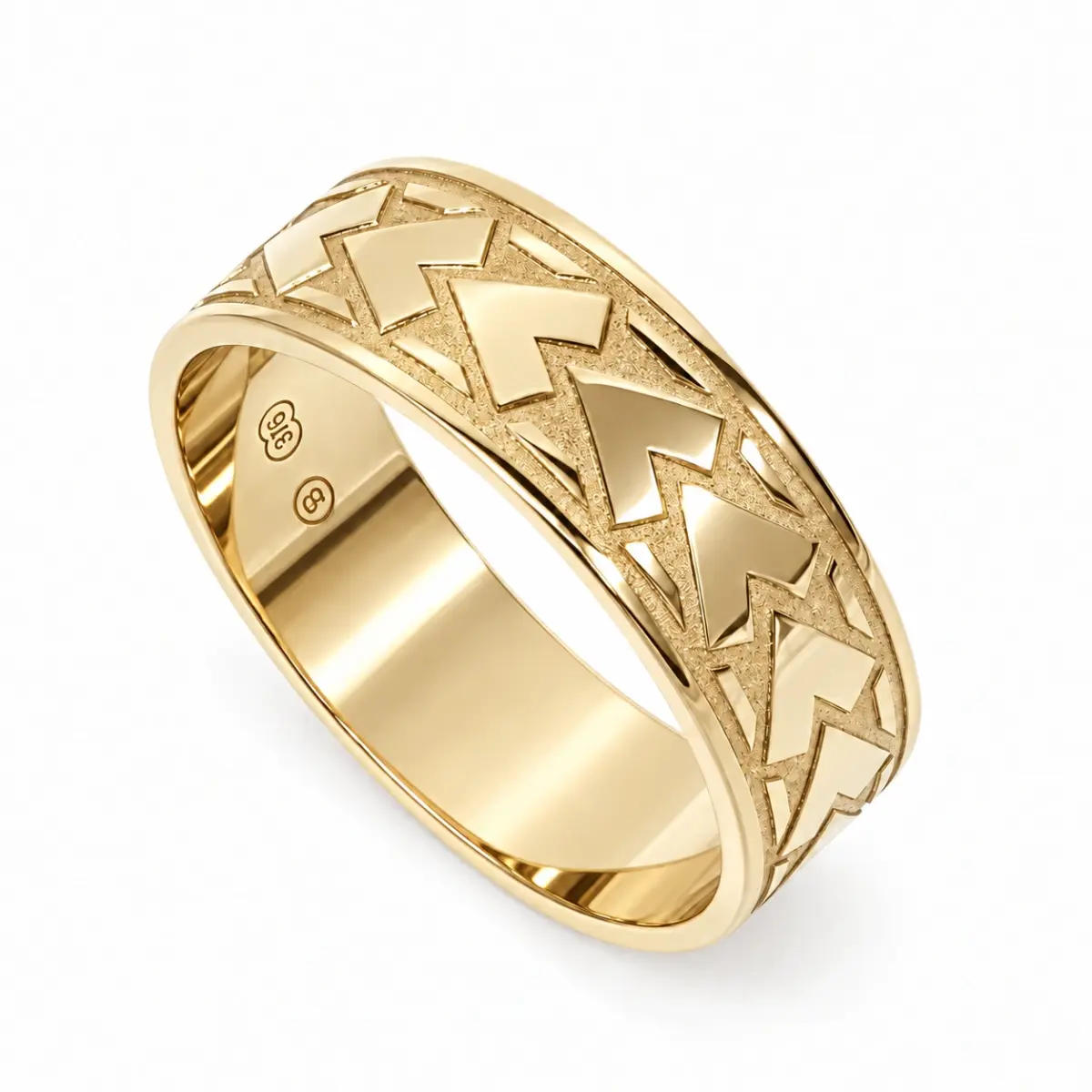 9ct Yellow Gold 8mm Wide Diamond Spear Patterned Wedding Ring
