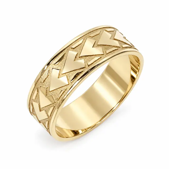 9ct Yellow Gold 8mm Wide Diamond Spear Patterned Wedding Ring