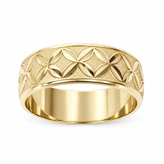 9ct Yellow Gold 8mm Wide Flower Bar Patterned Wedding Ring