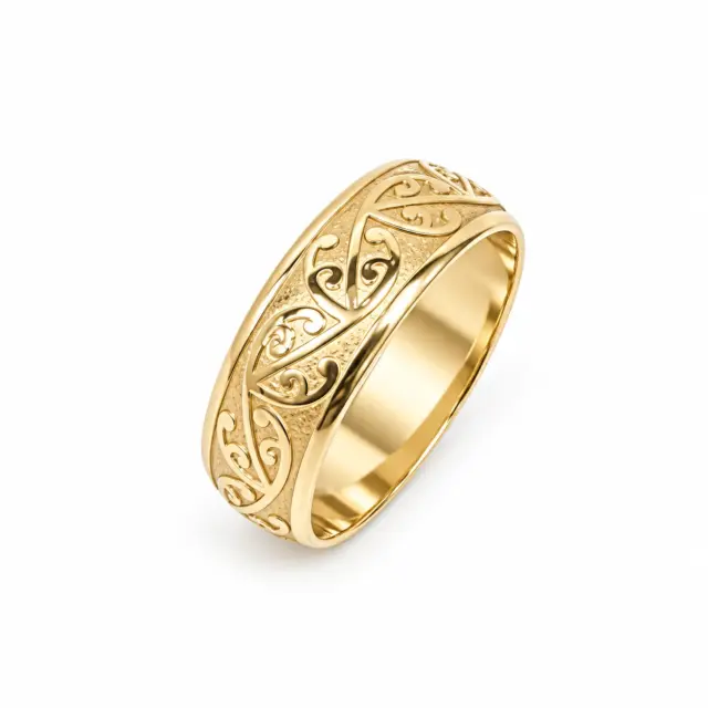 9ct Yellow Gold 8mm Wide Koru Patterned Wedding Ring