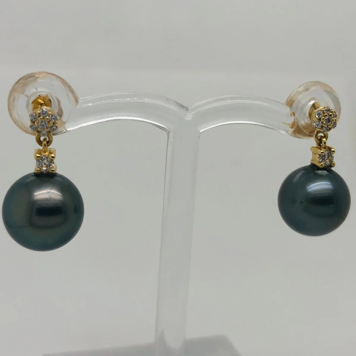 9ct Yellow Gold 9.00-9.50mm Tahitian Black Pearl Drop Earrings With Cubic Zirconia Settings