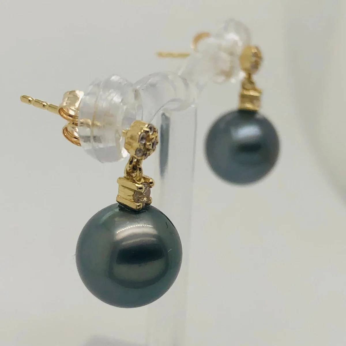 9ct Yellow Gold 9.00-9.50mm Tahitian Black Pearl Drop Earrings With Cubic Zirconia Settings