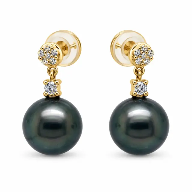9ct Yellow Gold 9.00-9.50mm Tahitian Black Pearl Drop Earrings With Cubic Zirconia Settings