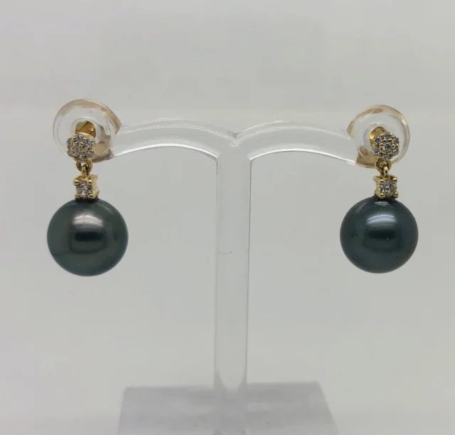 9ct Yellow Gold 9.00-9.50mm Tahitian Black Pearl Drop Earrings With Cubic Zirconia Settings