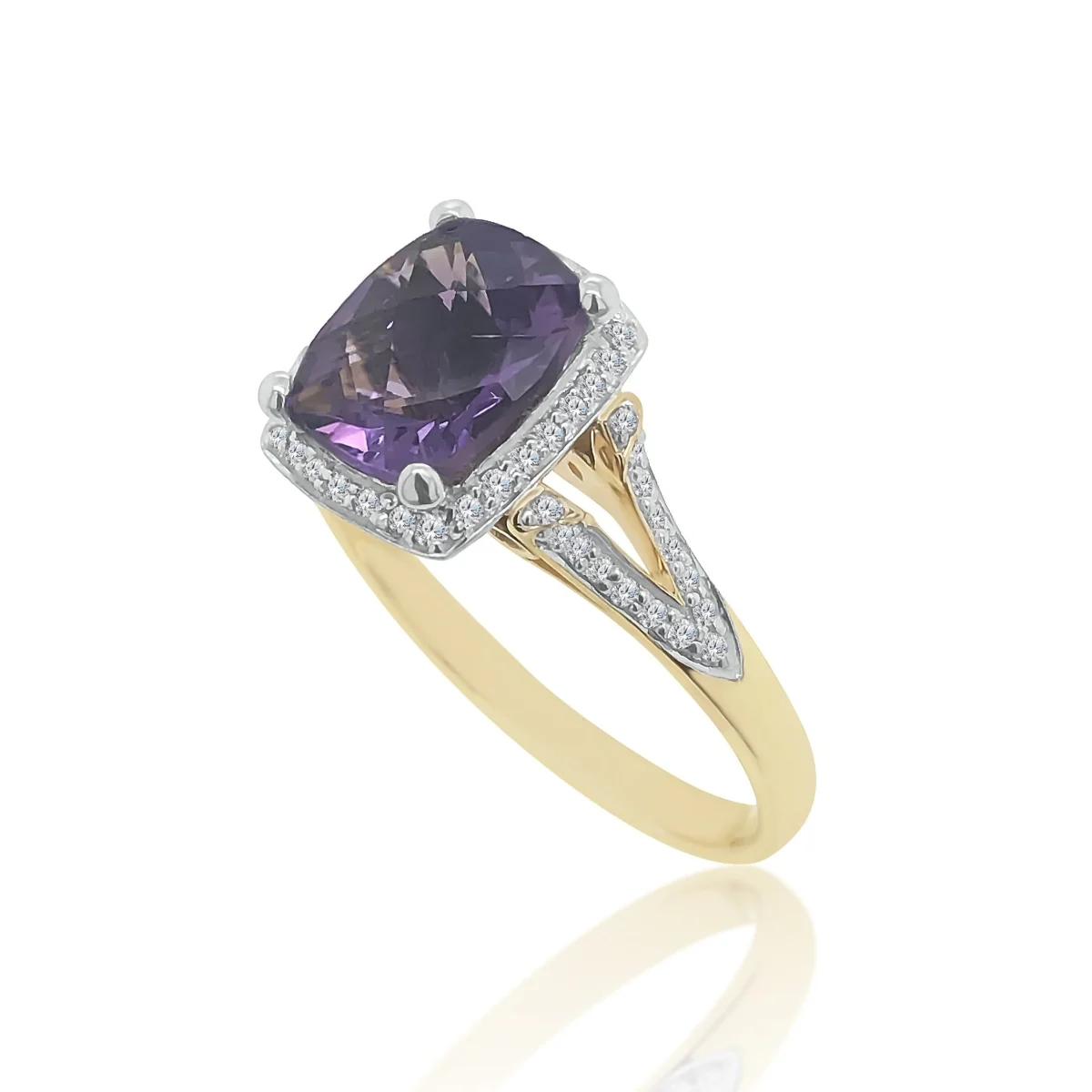9ct Yellow Gold Amethyst & Cubic Zirconia Halo Ring With CZ Set Split Shank Ring