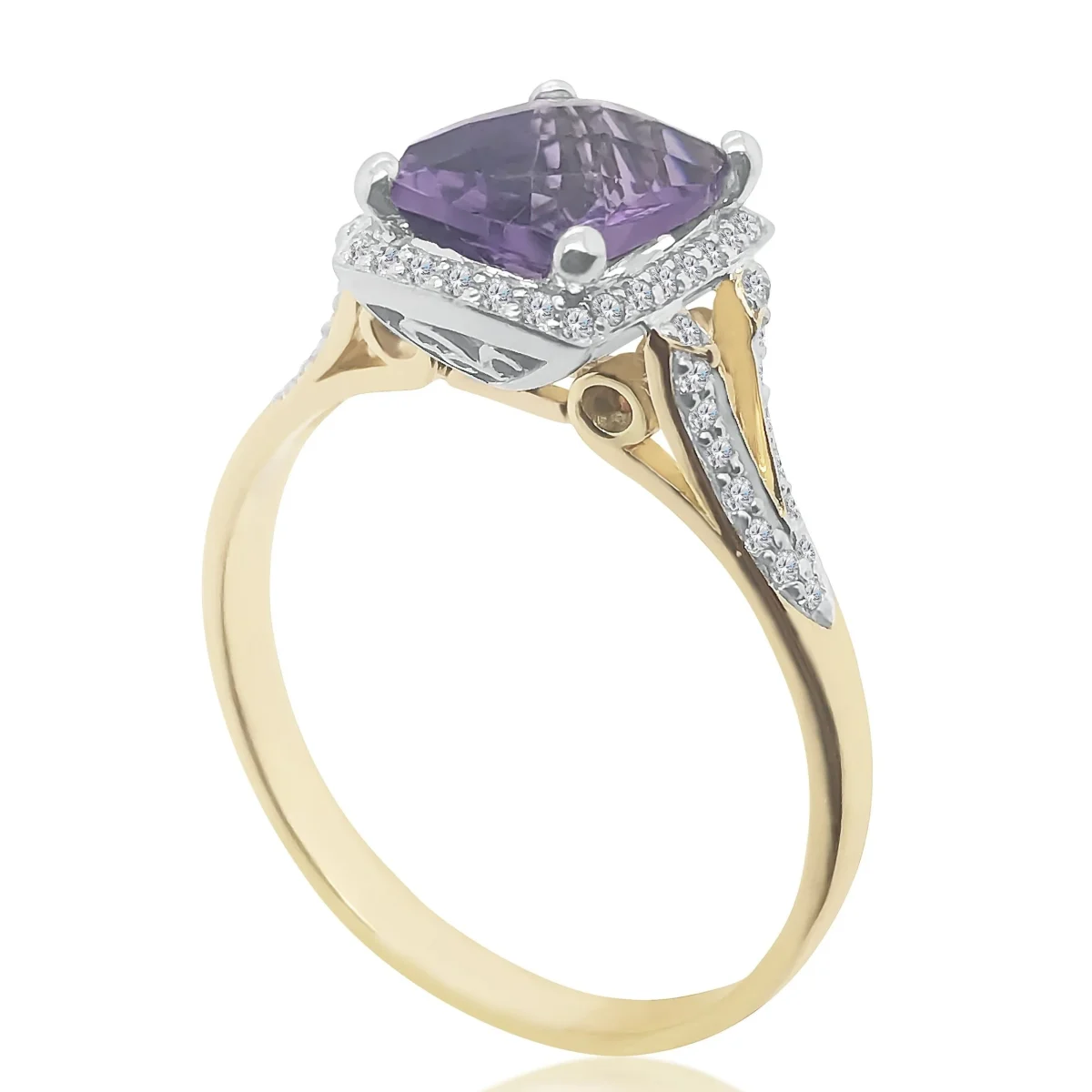 9ct Yellow Gold Amethyst & Cubic Zirconia Halo Ring With CZ Set Split Shank Ring