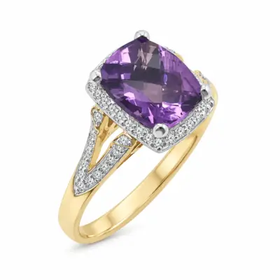 9ct Yellow Gold Amethyst & Cubic Zirconia Halo Ring With CZ Set Split Shank Ring