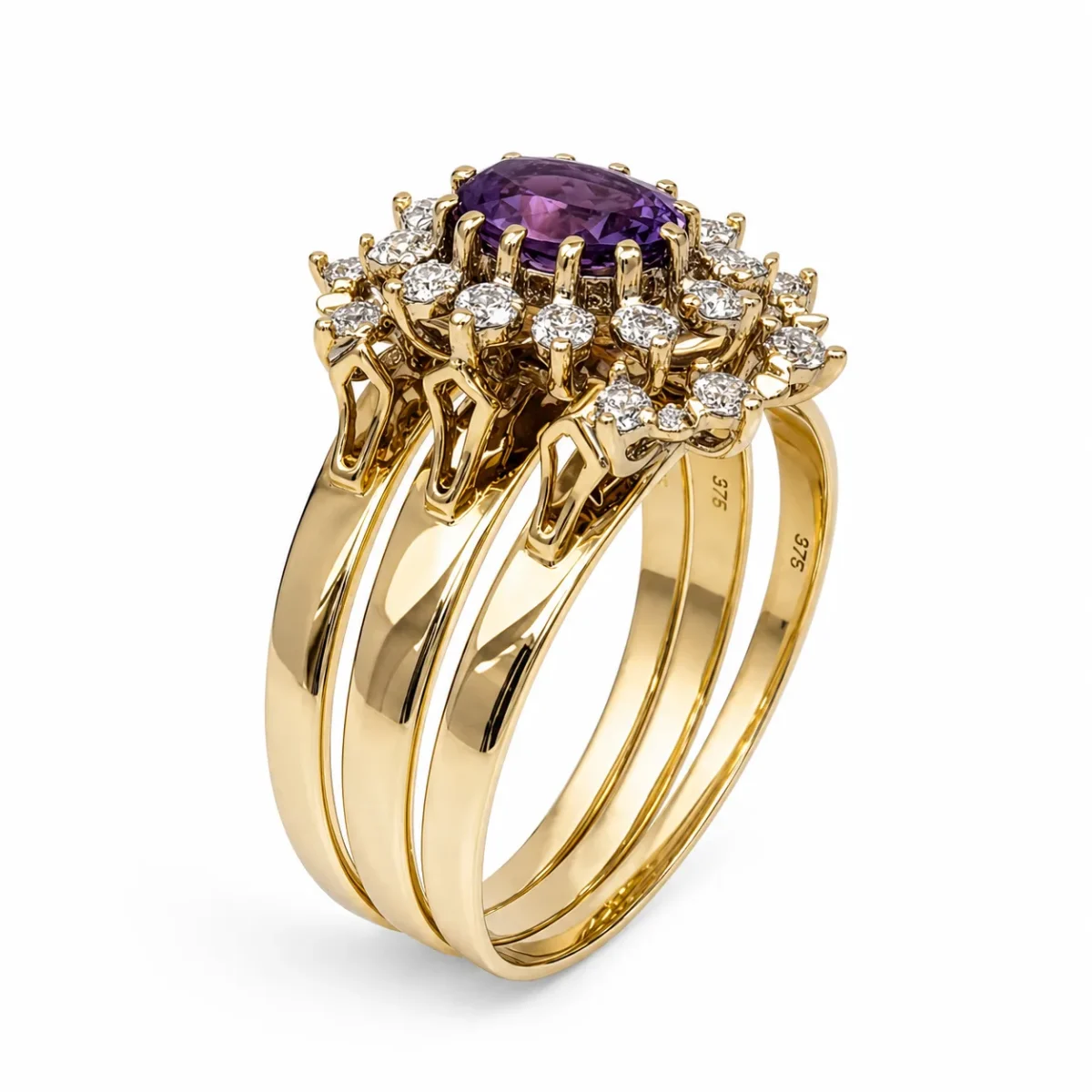 9ct Yellow Gold Amethyst & Diamond Halo 3 Piece Ring Set - 9CTD2053AM
