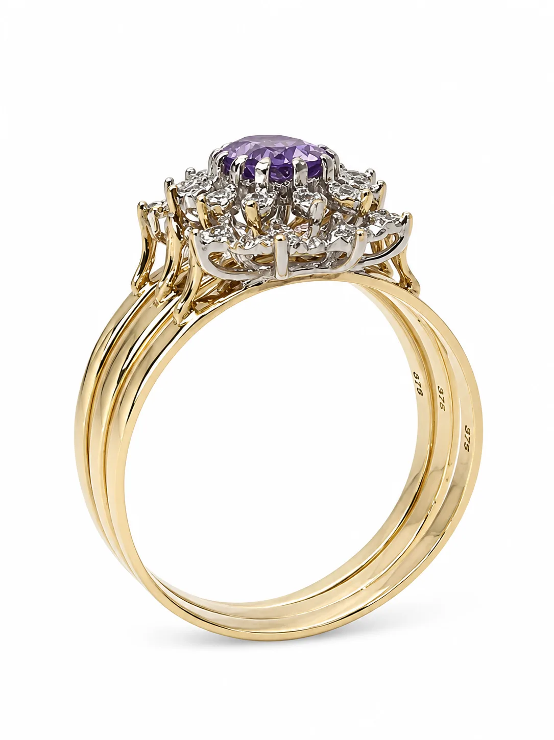9ct Yellow Gold Amethyst & Diamond Halo 3 Piece Ring Set - 9CTD2053AM