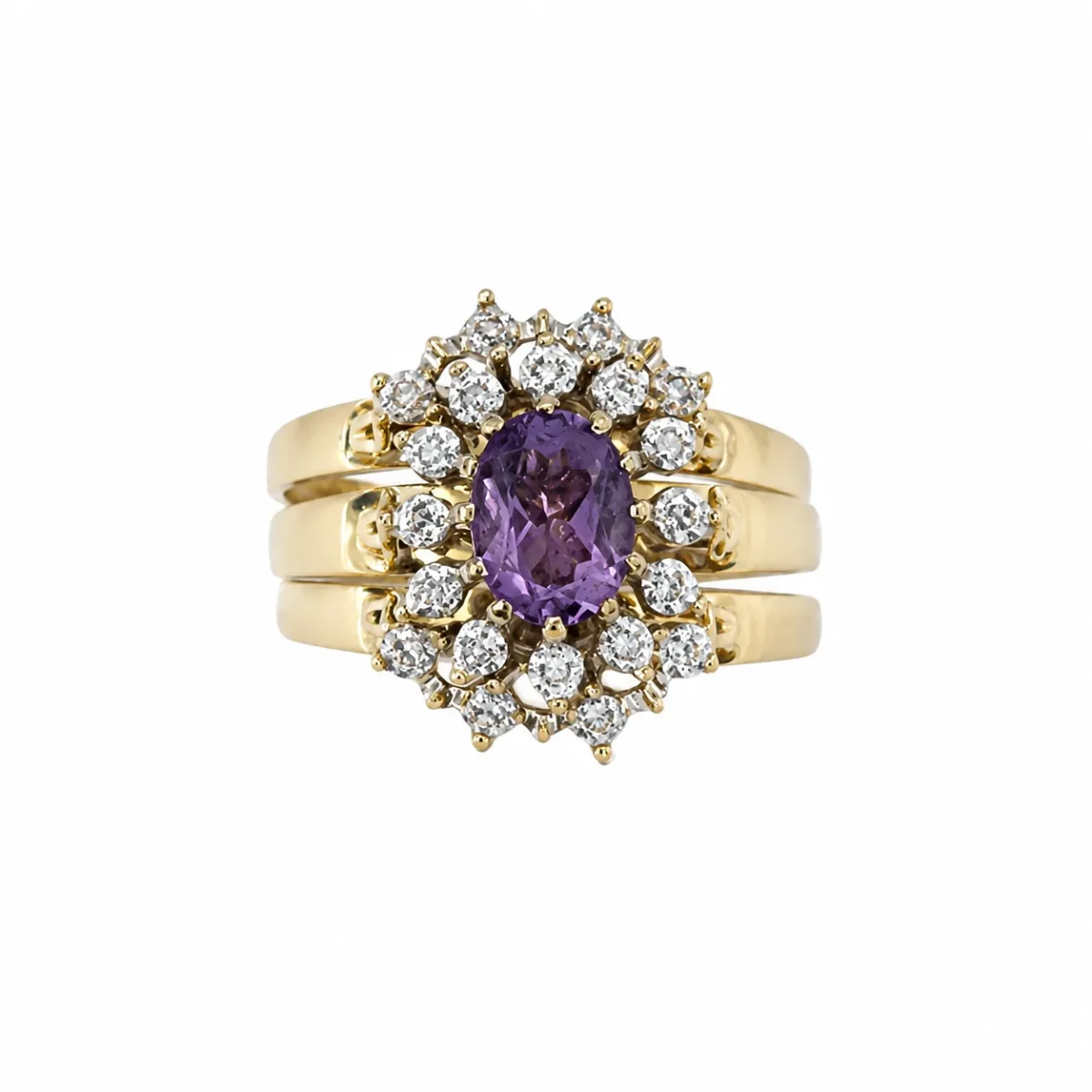 9ct Yellow Gold Amethyst & Diamond Halo 3 Piece Ring Set - 9CTD2053AM