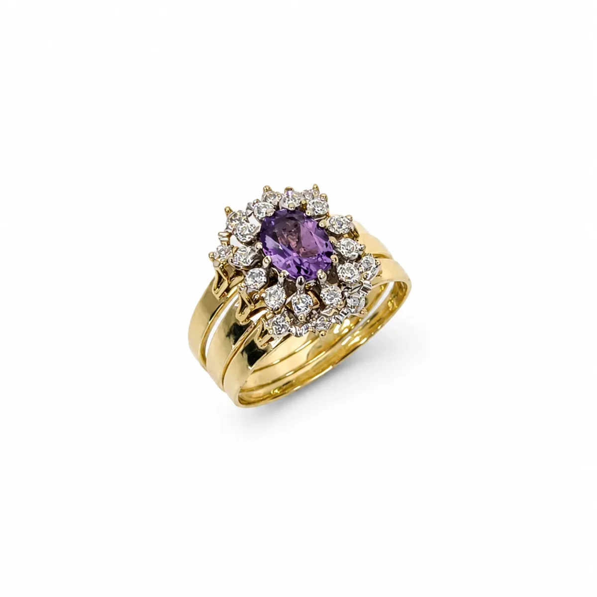 9ct Yellow Gold Amethyst & Diamond Halo 3 Piece Ring Set - 9CTD2053AM