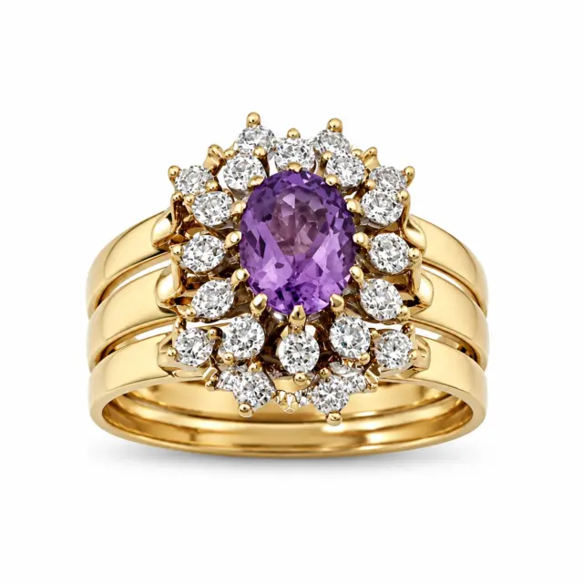 9ct Yellow Gold Amethyst & Diamond Halo 3 Piece Ring Set - 9CTD2053AM