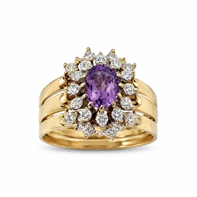 9ct Yellow Gold Amethyst & Diamond Halo 3 Piece Ring Set - 9CTD2053AM