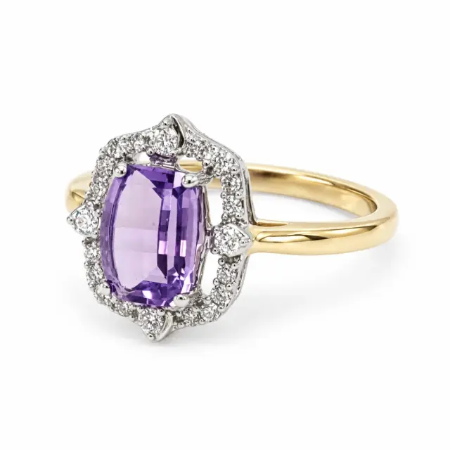9ct Yellow Gold Amethyst & Diamond Halo Ring 6x8mm Cushion, TDW 0.18ct - 5R0017